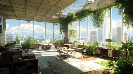 Fototapeta premium Abandoned Pixelated Office Building With Lush Vegetation