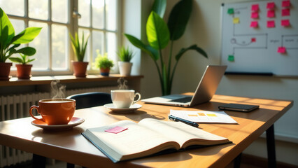 Wooden table with laptop and cup of coffee