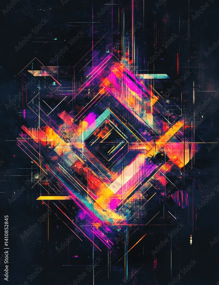 Poster abstract geometric design with vibrant colors and dynamic lines. intricate shapes and patterns creat