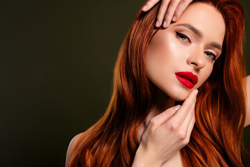 Photo of fancy rich lady wear glamour makeup enjoying luxury make up isolated khaki color background
