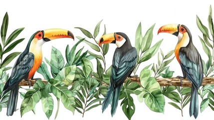 Obraz premium Toucans perch among leafy foliage, vibrant tropical scene, watercolor illustration