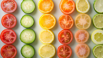 A wide-angle view captures a meticulously arranged grid of sliced tomatoes, cucumbers, and lemons displayed on a neutral surface, showcasing an array of colors and textures.