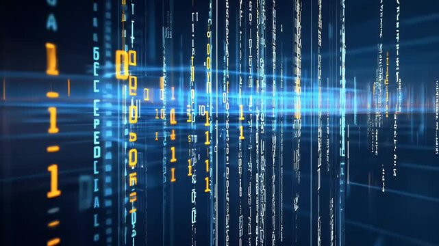 Abstract Digital Data Stream with Binary Code Displayed in Blue and Orange Tones
