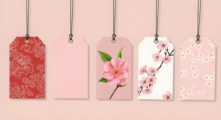 Five hanging tags with various pink floral designs on a gradient pink background