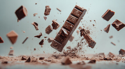 A chocolate bar is shattered into pieces, suspended in mid-air, creating a stunning visual of fragments and dust, highlighting the bar's rich texture and form.