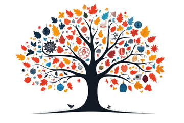A tree with leaves representing different religions, symbolizing growth and diversity isolated on a transparent background	
