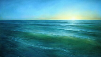 Obraz premium Serene ocean sunrise, tranquil waves at dawn.