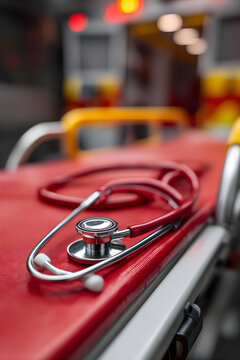 Stethoscope on Emergency Stretcher. Detailed macro photograph of a metallic red stethoscope resting on a vibrant red ambulance stretcher.