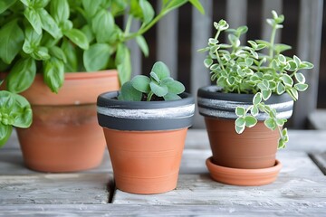Fototapeta premium Diy chalkboard planters handwritten herb names creating an interactive kitchen gardening experience