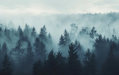 A serene moment in a fog-covered forest, as the mist weaves through the trees