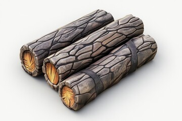 A set of campfire logs, isolated on a white background, perfect for a rustic-themed product display.