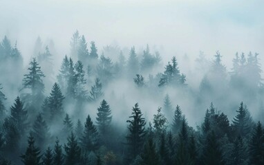 Obraz premium A foggy forest scene, where the trees are veiled in a soft, ethereal mist