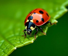 Fototapeta premium Ladybug Resting on a Green Leaf