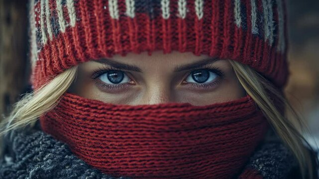 Intense gaze of a young woman with blue eyes bundled up in knitted winter scarf and hat for cold weather, focus on emotion and expression
