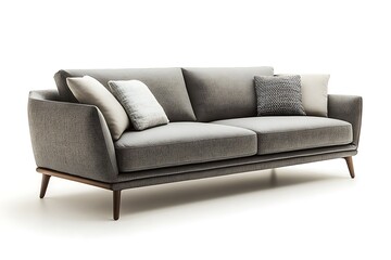 A sleek gray sofa with sharp lines, slim wooden legs, and soft cushions, isolated on a pristine white background for a modern look