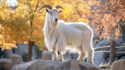 Obraz premium A majestic white goat standing on a rock with autumn foliage in the background perfect for nat