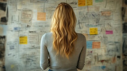 A person with long hair facing a wall covered in notes and sticky papers ideal for brainstormi