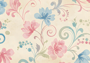 Floral Watercolor Seamless Pattern Pastel Flowers, Swirls, Leaves, and Decorative Design for Prints and Backgrounds.