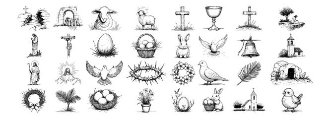 easter and resurrection symbols like jesus, cross, lamb, egg, dove, bunny and tomb vector hand drawn doodle ink sketch © Kaz