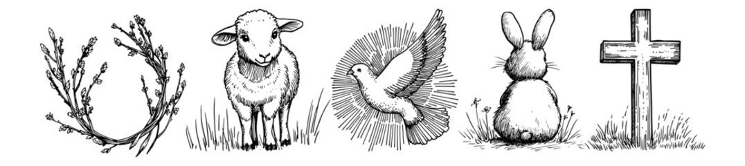 easter and christian symbols with wreath, lamb, dove, bunny and cross vector hand drawn doodle ink sketch