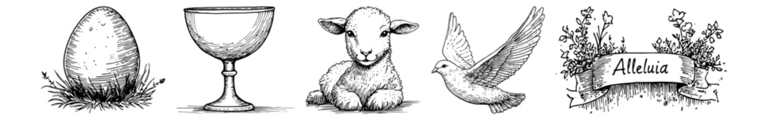 easter and christian symbols with egg, chalice, lamb, dove and he is risen sign vector hand drawn doodle ink sketch © Kaz