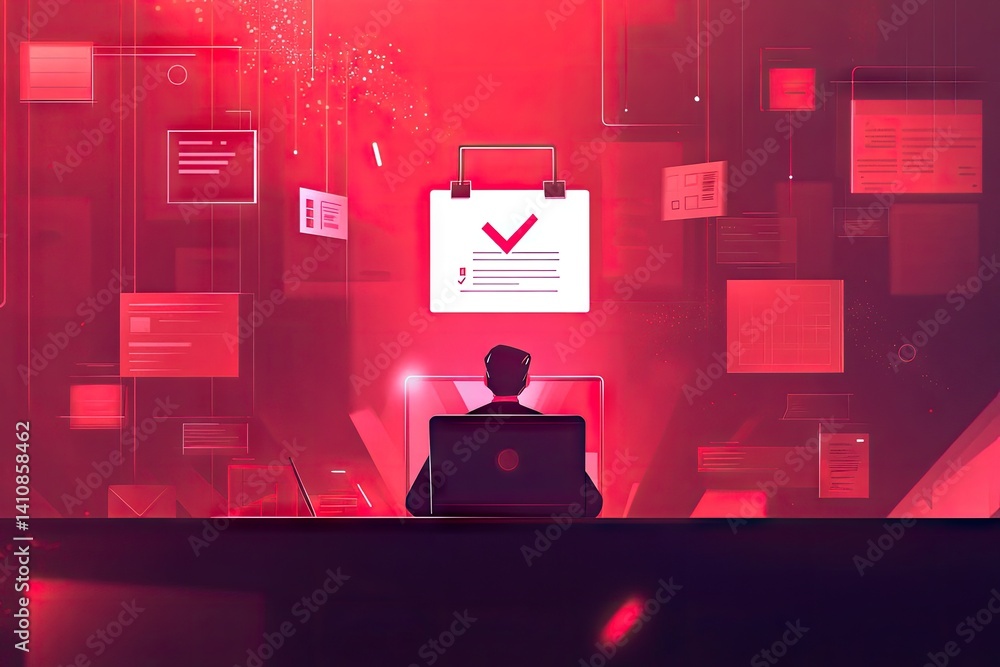 Aufkleber digital workflow, task completion, and document review. a person works on a computer amidst numerous