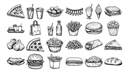 fast food and snacks collection with burgers, fries, pizza, soda, chicken and desserts vector hand drawn doodle ink sketch © Kaz