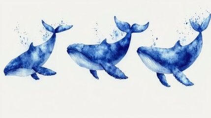 Watercolor blue whales swimming, with splashes, on a white background