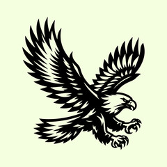 Bald black and white vector illustration of a fierce eagle in mid-flight with wings spread wide and talons extended, symbolizing strength, freedom, and power.