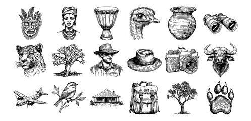 african safari and culture icons with tribal mask, wildlife, drum, explorer and backpack vector hand drawn doodle ink sketch © Kaz