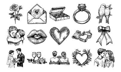 omantic love symbols with hearts, couple, rose, ring, kiss and champagne vector hand drawn doodle ink sketch © Kaz