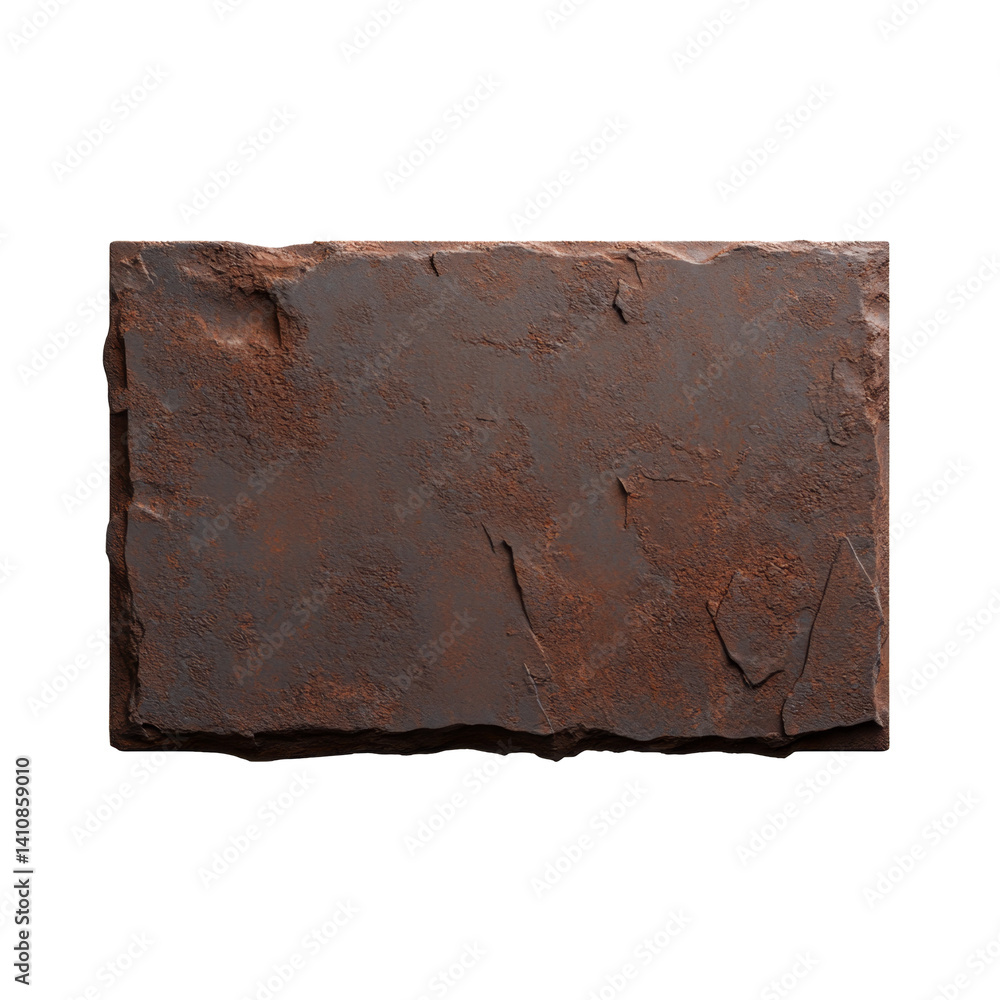 Poster rectangular rusted metal plate with rough textured surface and irregular edges
