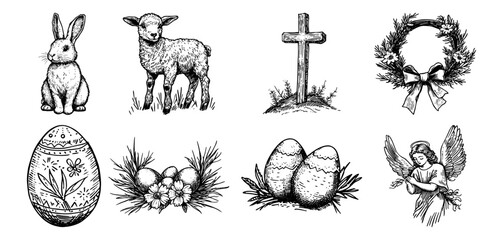 easter drawings of bunny, lamb, cross, eggs, wreath and angel vector hand drawn doodle ink sketch © Kaz