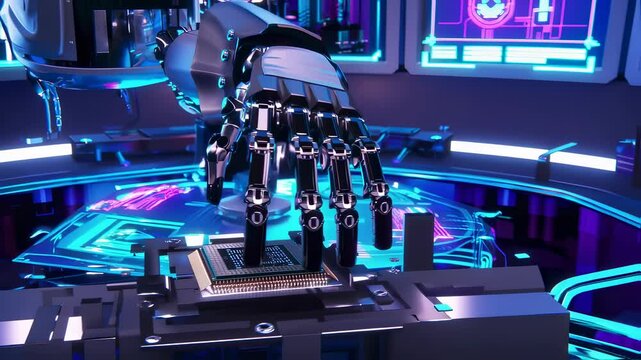 Captivating robotic hand explores advanced technology in futuristic lab