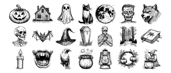 halloween illustrations with pumpkin, ghost, skull, vampire, witch hat, black cat and haunted house vector hand drawn doodle ink sketch