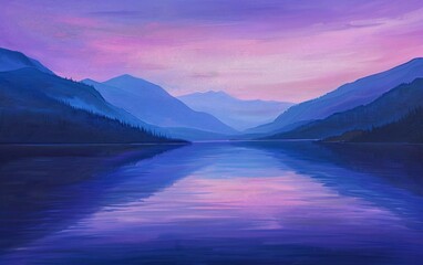 A quiet and serene mountain lake at dusk, where the colors of the sky are mirrored in the water