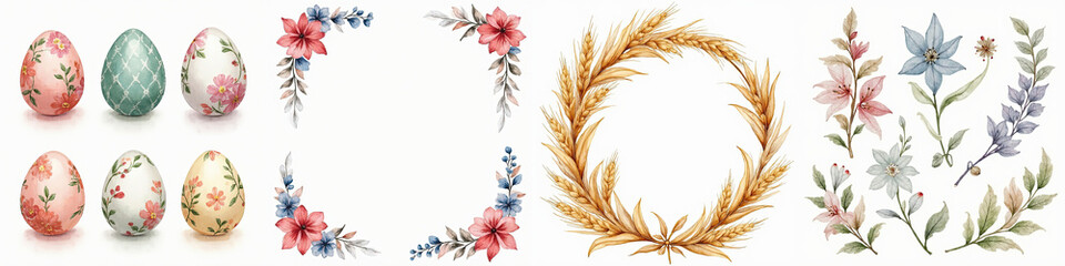 Watercolor seasonal decor batch: Easter eggs, floral corners, wheat wreath, and flower sprigs on white.