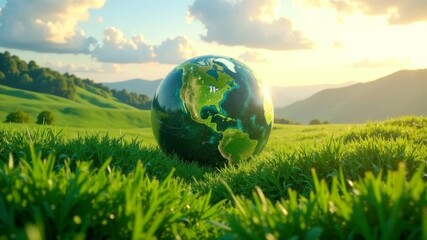 Earth globe on green field under cloudy sky with sunlight concept of environment.