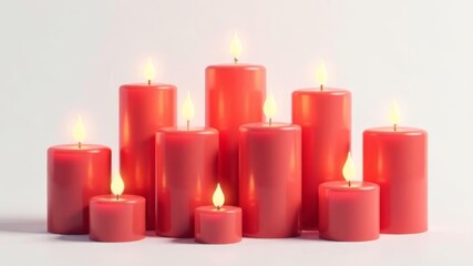 Glowing pink wax candles arranged in group on white background.