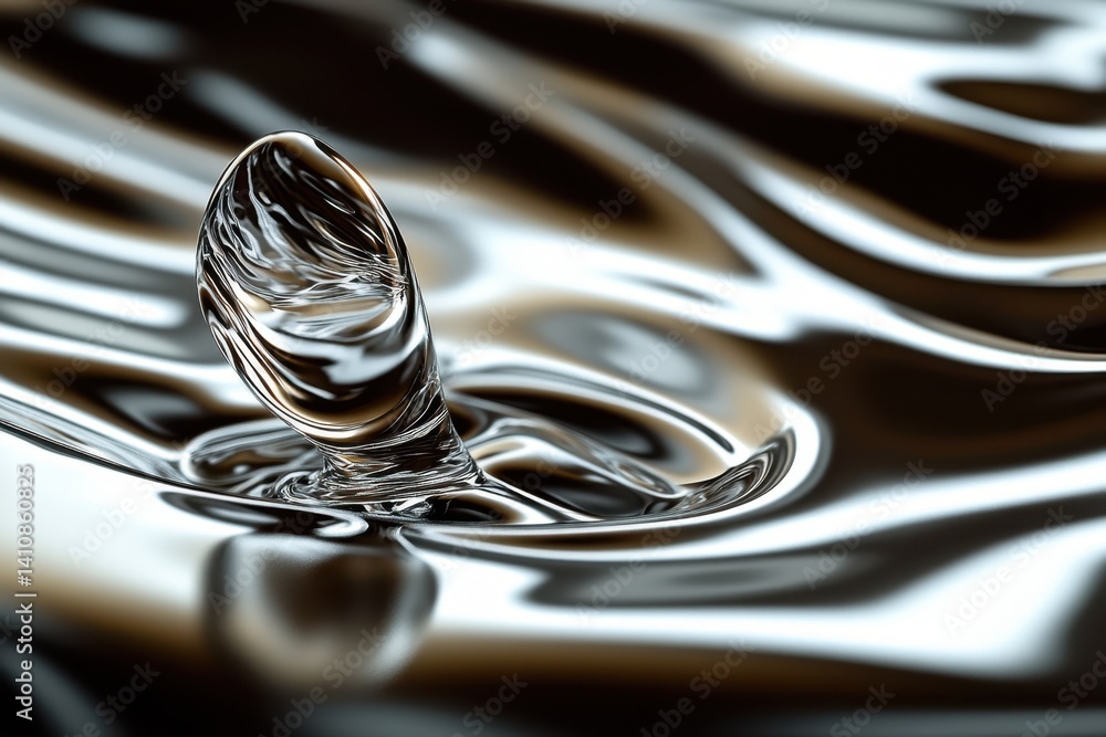 Poster water droplet creating ripples on a smooth reflective surface at close range