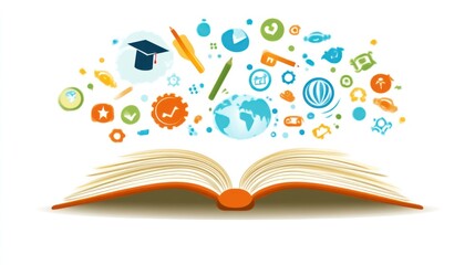 An open book with educational icons floating above symbolizing knowledge and learning