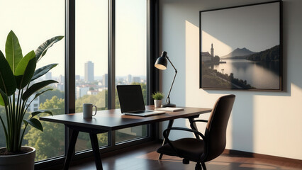 A laptop on a desk in a room with a city view