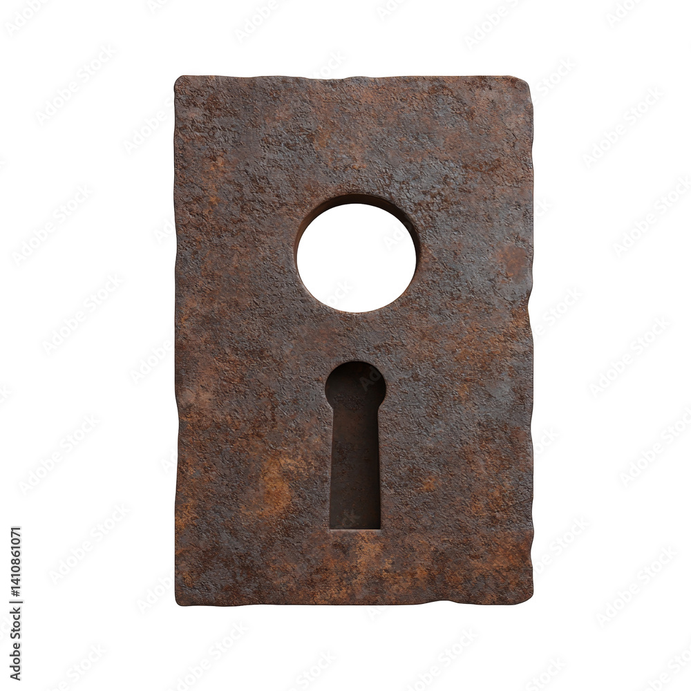 Poster old rusty keyhole plate with circular hole above rectangular opening
