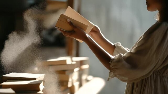 A woman reaching for a book with dust floating in sunlight