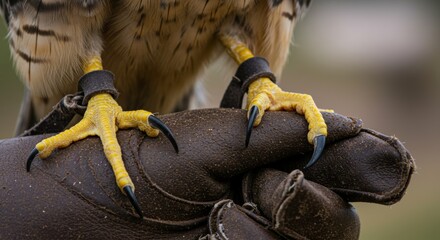 Sharp Falcon Talons Perched on Leather Glove Depicting Falconry Close-Up