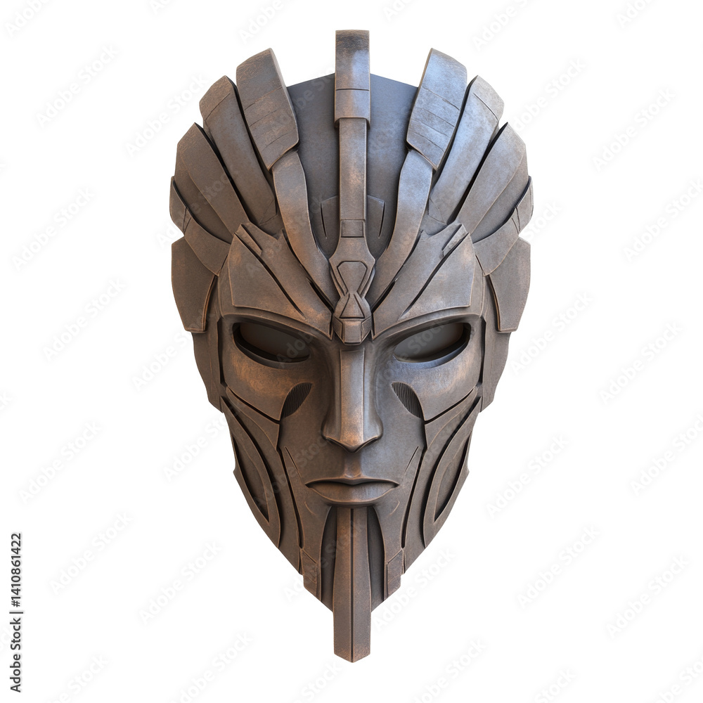 Poster ancient metallic mask with intricate geometric patterns and strong expressive features