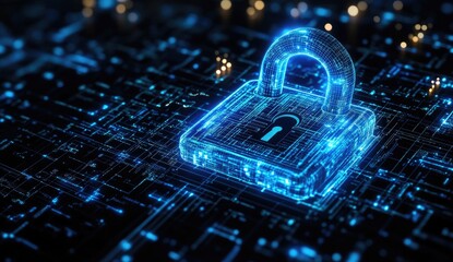 Digital lock on circuit board; cybersecurity concept