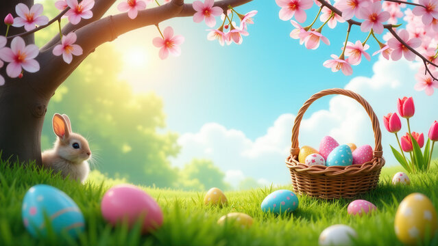 Easter eggs basket in grass with tree background