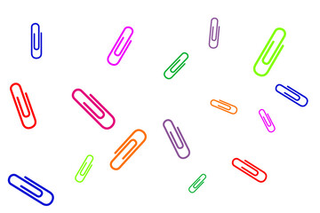 Colorful paper clips scattered randomly across a white background showcasing a fun and creative office supplies theme