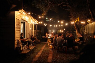 Friends enjoy a night of music and barbecue in a cozy backyard lit by string lights.